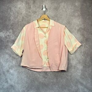 Vintage 60s Polka Dot Blouse Pink Vest Cropped Top Short Sleeve Button Up‎